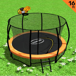 16ft Outdoor Trampoline Kids Children With Safety Enclosure Pad Mat Ladder Basketball Hoop Set - Orange Sports & Fitness Kings Warehouse 