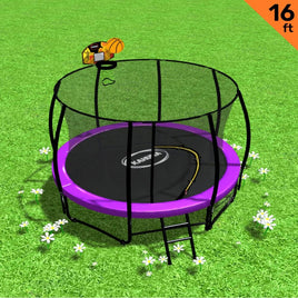 16ft Outdoor Trampoline Kids Children With Safety Enclosure Pad Mat Ladder Basketball Hoop Set - Purple Sports & Fitness Kings Warehouse 