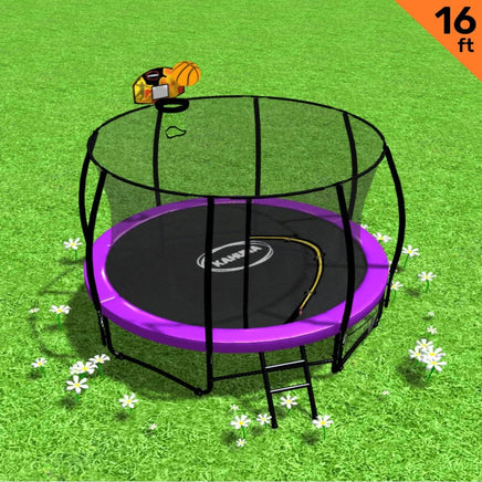 16ft Outdoor Trampoline Kids Children With Safety Enclosure Pad Mat Ladder Basketball Hoop Set - Purple Sports & Fitness Kings Warehouse 