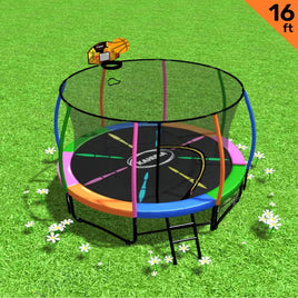 16ft Outdoor Trampoline Kids Children With Safety Enclosure Pad Mat Ladder Basketball Hoop Set - Rainbow Sports & Fitness Kings Warehouse 