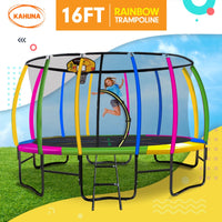 16ft Outdoor Trampoline Kids Children With Safety Enclosure Pad Mat Ladder Basketball Hoop Set - Rainbow Sports & Fitness Kings Warehouse 