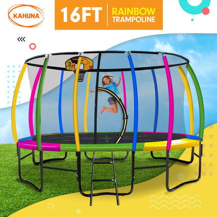 16ft Outdoor Trampoline Kids Children With Safety Enclosure Pad Mat Ladder Basketball Hoop Set - Rainbow Sports & Fitness Kings Warehouse 