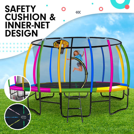 16ft Outdoor Trampoline Kids Children With Safety Enclosure Pad Mat Ladder Basketball Hoop Set - Rainbow Sports & Fitness Kings Warehouse 
