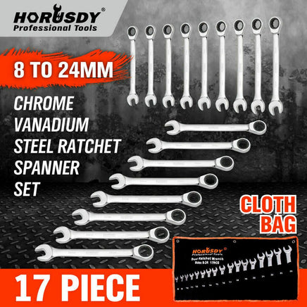 17Pc Ratchet Spanner Set Metric Combination Wrenches Open End Ring CR-V 8-24mm Home & Garden Kings Warehouse 