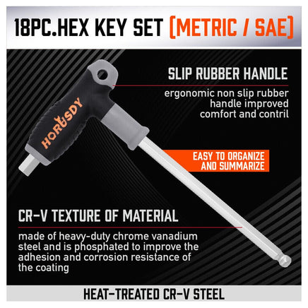 18-Piece T-Handle Hex Key Set, SAE/Imperial & Metric Sizes Allen Wrench Set Long Arm with Ball End Home & Garden Kings Warehouse 