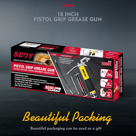 18inch Grease Gun 8000PSI Pistol Grip Flex Hose Heavy Duty Barrel With Cartridge Tools Kings Warehouse 