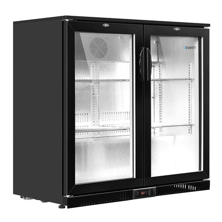 198L Bar Fridge Dual Glass Door w/Light Black Appliances Kings Warehouse 