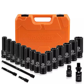 19Pc Deep Socket Set Impact 1/2" Drive Extension Bars Flexible Adapter 10-24mm Auto Accessories Kings Warehouse 