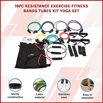 19PC Resistance Exercise Fitness Bands Tubes Kit Yoga Set Sports & Fitness Kings Warehouse 