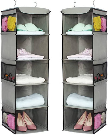 2 Pack 5 Foldable Shelf Hanging Closet Organizer Space Saver with Side Accessories Pockets for Clothes Storage bedroom furniture Kings Warehouse 