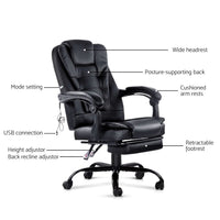 2 Point Massage Office Chair PU Leather Footrest Black Furniture Kings Warehouse 