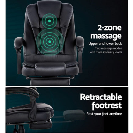2 Point Massage Office Chair PU Leather Footrest Black Furniture Kings Warehouse 