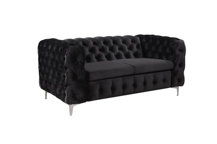 2 Seater Sofa Classic Button Tufted Lounge in Black Velvet Fabric with Metal Legs Furniture Kings Warehouse 