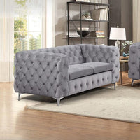 2 Seater Sofa Classic Button Tufted Lounge in Grey Velvet Fabric with Metal Legs Furniture Kings Warehouse 