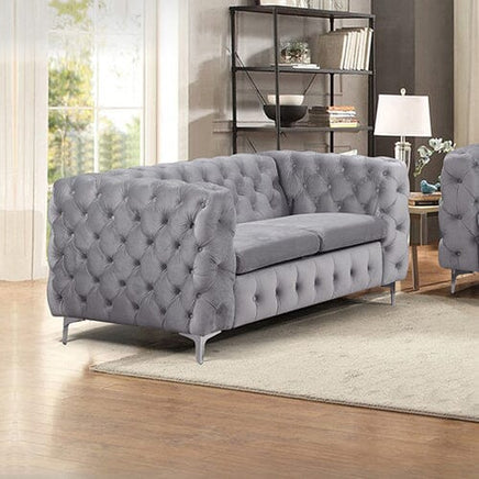 2 Seater Sofa Classic Button Tufted Lounge in Grey Velvet Fabric with Metal Legs Furniture Kings Warehouse 