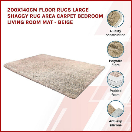 200x140cm Floor Rugs Large Shaggy Rug Area Carpet Bedroom Living Room Mat - Beige Kings Warehouse 