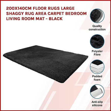 200x140cm Floor Rugs Large Shaggy Rug Area Carpet Bedroom Living Room Mat - Black Home & Garden Kings Warehouse 