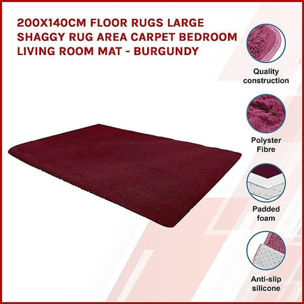 200x140cm Floor Rugs Large Shaggy Rug Area Carpet Bedroom Living Room Mat - Burgundy Home & Garden Kings Warehouse 