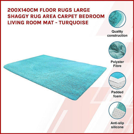 200x140cm Floor Rugs Large Shaggy Rug Area Carpet Bedroom Living Room Mat - Turquoise Home & Garden Kings Warehouse 