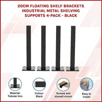 20cm Floating Shelf Brackets Industrial Metal Shelving Supports 4-Pack - Black Furniture Kings Warehouse 