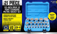 21Pc 12-Point Socket Set 1/2-inch Drive Grip Sleeve Storage Case Metric 8mm-36mm Tools Kings Warehouse 