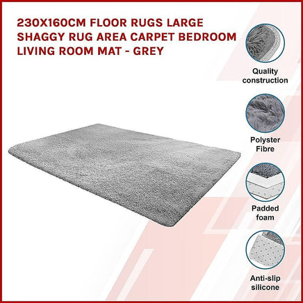 230x160cm Floor Rugs Large Shaggy Rug Area Carpet Bedroom Living Room Mat - Grey Home & Garden Kings Warehouse 