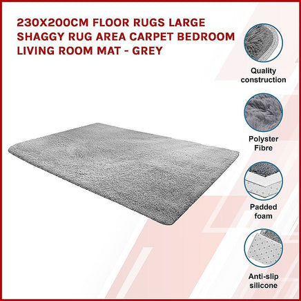 230x200cm Floor Rugs Large Shaggy Rug Area Carpet Bedroom Living Room Mat - Grey Home & Garden Kings Warehouse 