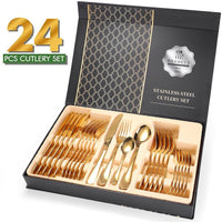 24-Piece Stainless Steel Gold Set, Knife Fork Spoon Flatware Set Cutlery Set, Mirror Finish Kings Warehouse 