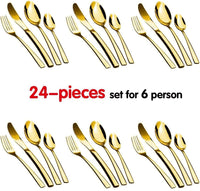 24-Piece Stainless Steel Gold Set, Knife Fork Spoon Flatware Set Cutlery Set, Mirror Finish Kings Warehouse 