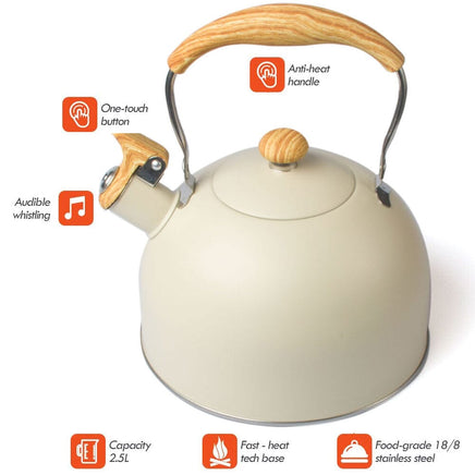 2.5 Liter Tea Whistling Kettle Stainless Steel Modern Whistling Tea Pot for Stovetop Cream Kings Warehouse 