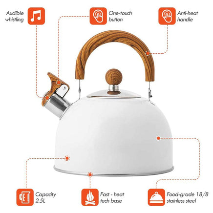 2.5 Liter Tea Whistling Kettle Stainless Steel Modern Whistling Tea Pot for Stovetop White Kings Warehouse 