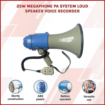 25W Megaphone PA System Loud Speaker Voice Recorder Audio & Video Kings Warehouse 