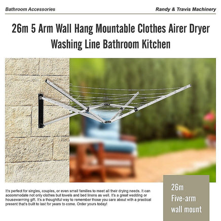 26m 5 Arm Wall Hang Mountable Clothes Airer Dryer Washing Line Bathroom Kitchen Home & Garden Kings Warehouse 