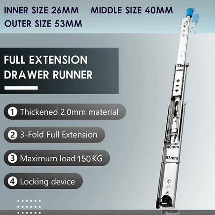 28in Pair 150KG Heavy Duty Drawer Slides Rails Runners Locking Ball Bearing Kings Warehouse 