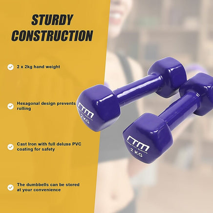 2kg Dumbbells Pair PVC Hand Weights Rubber Coated Sports & Fitness Kings Warehouse 