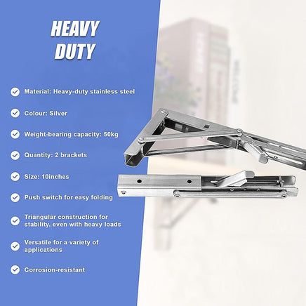 2x 10" Stainless Steel Folding Table Bracket Shelf Bench 50kg Load Heavy Duty Furniture Kings Warehouse 