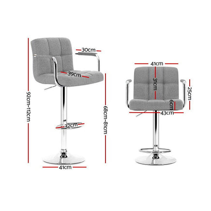 2x Bar Stools Fabric Gas Lift w/Armrest Grey Furniture Kings Warehouse 