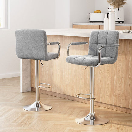 2x Bar Stools Fabric Gas Lift w/Armrest Grey Furniture Kings Warehouse 