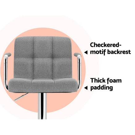 2x Bar Stools Fabric Gas Lift w/Armrest Grey Furniture Kings Warehouse 