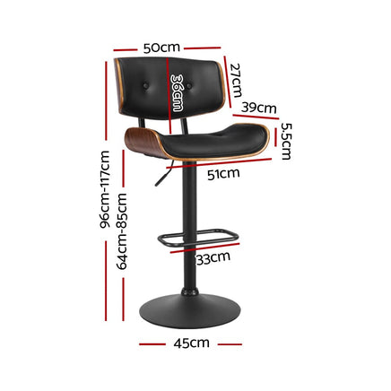 2x Bar Stools Gas Lift Leather All Black Furniture Kings Warehouse 