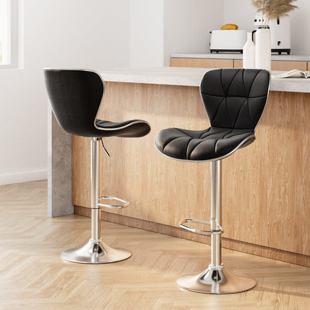2x Bar Stools Gas Lift Leather Seat Black Furniture Kings Warehouse 