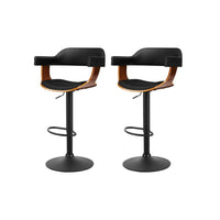 2x Bar Stools Gas Lift Leather w/Armrest All Black Furniture Kings Warehouse 