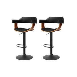 2x Bar Stools Gas Lift Leather w/Armrest All Black Furniture Kings Warehouse 