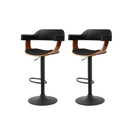 2x Bar Stools Gas Lift Leather w/Armrest All Black Furniture Kings Warehouse 