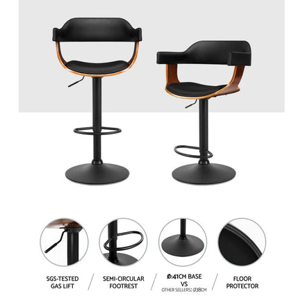2x Bar Stools Gas Lift Leather w/Armrest All Black Furniture Kings Warehouse 
