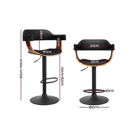 2x Bar Stools Gas Lift Leather w/Armrest All Black Furniture Kings Warehouse 