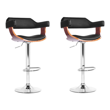 2x Bar Stools Gas Lift Leather w/Armrest Black Furniture Kings Warehouse 