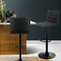 2x Bar Stools Gas Lift Linen Fabric Black Furniture Kings Warehouse 