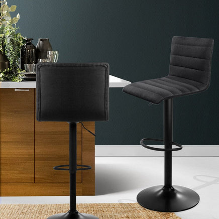2x Bar Stools Gas Lift Linen Fabric Black Furniture Kings Warehouse 