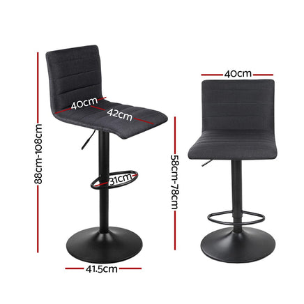 2x Bar Stools Gas Lift Linen Fabric Black Furniture Kings Warehouse 